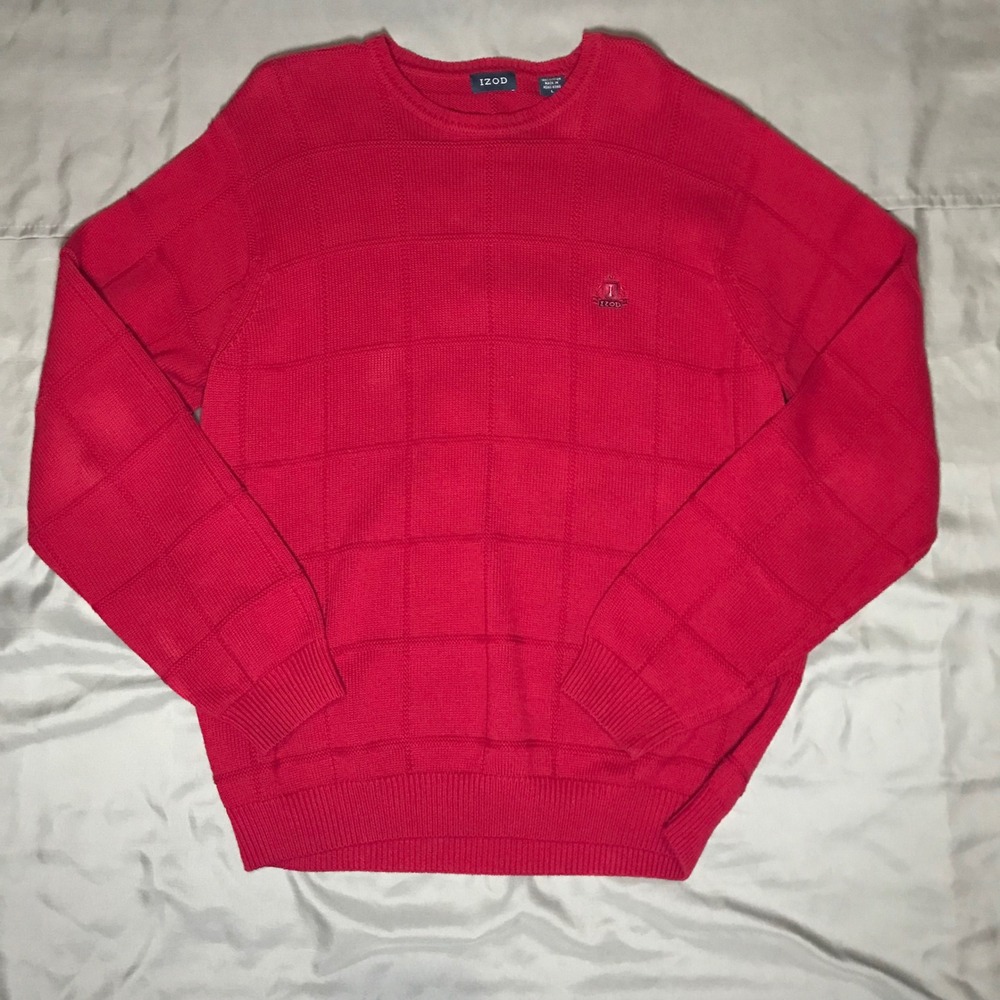 IZOD Mens Red Textured Grid Crewneck Cotton Pullover Sweater L RN36543 PC-772